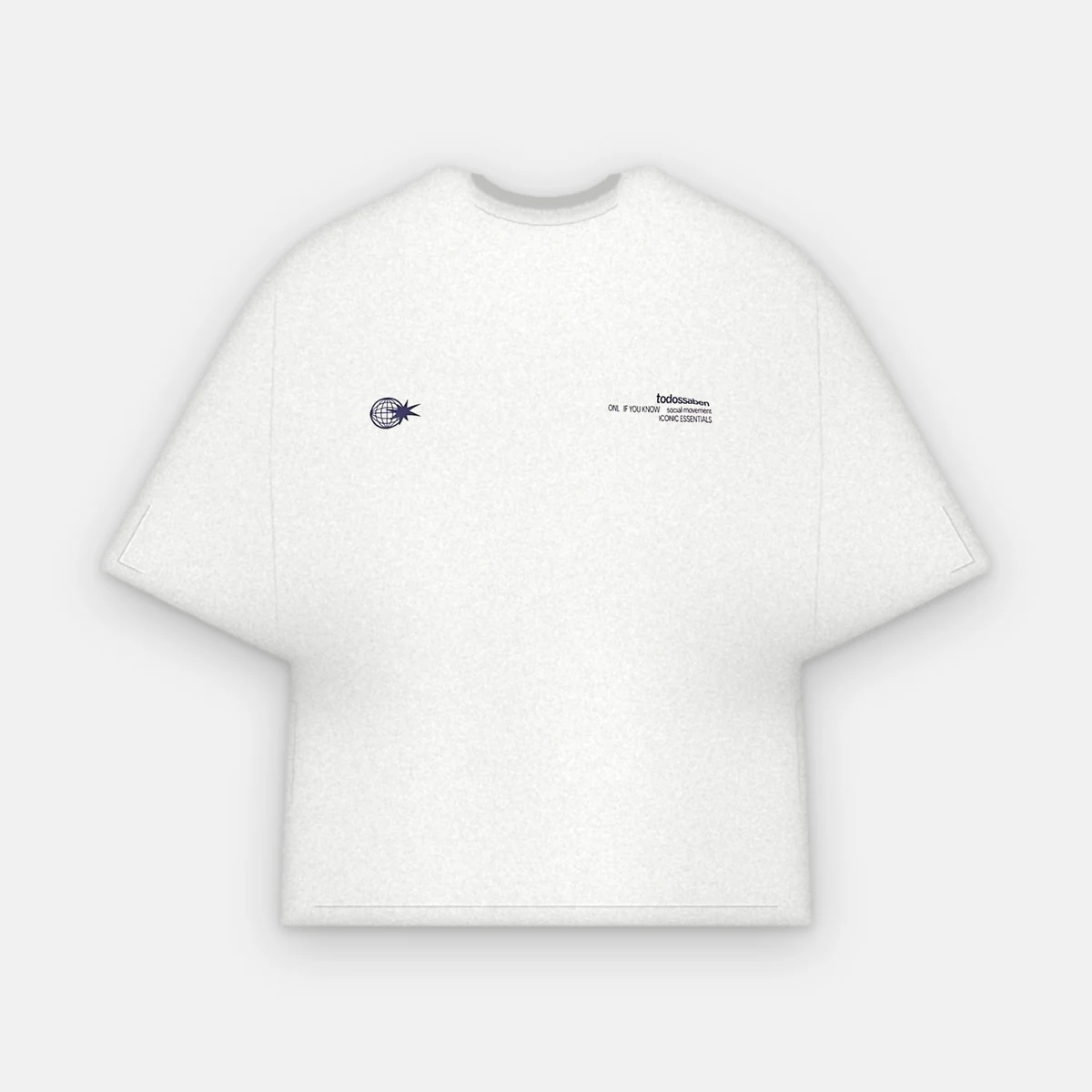 frente de ESSENTIALS PEARL: boxy tee con globo con estrella en tinta púrpura en el pecho izquierdo y texto todossaben ONLY IF YOU KNOW en el pecho derecho